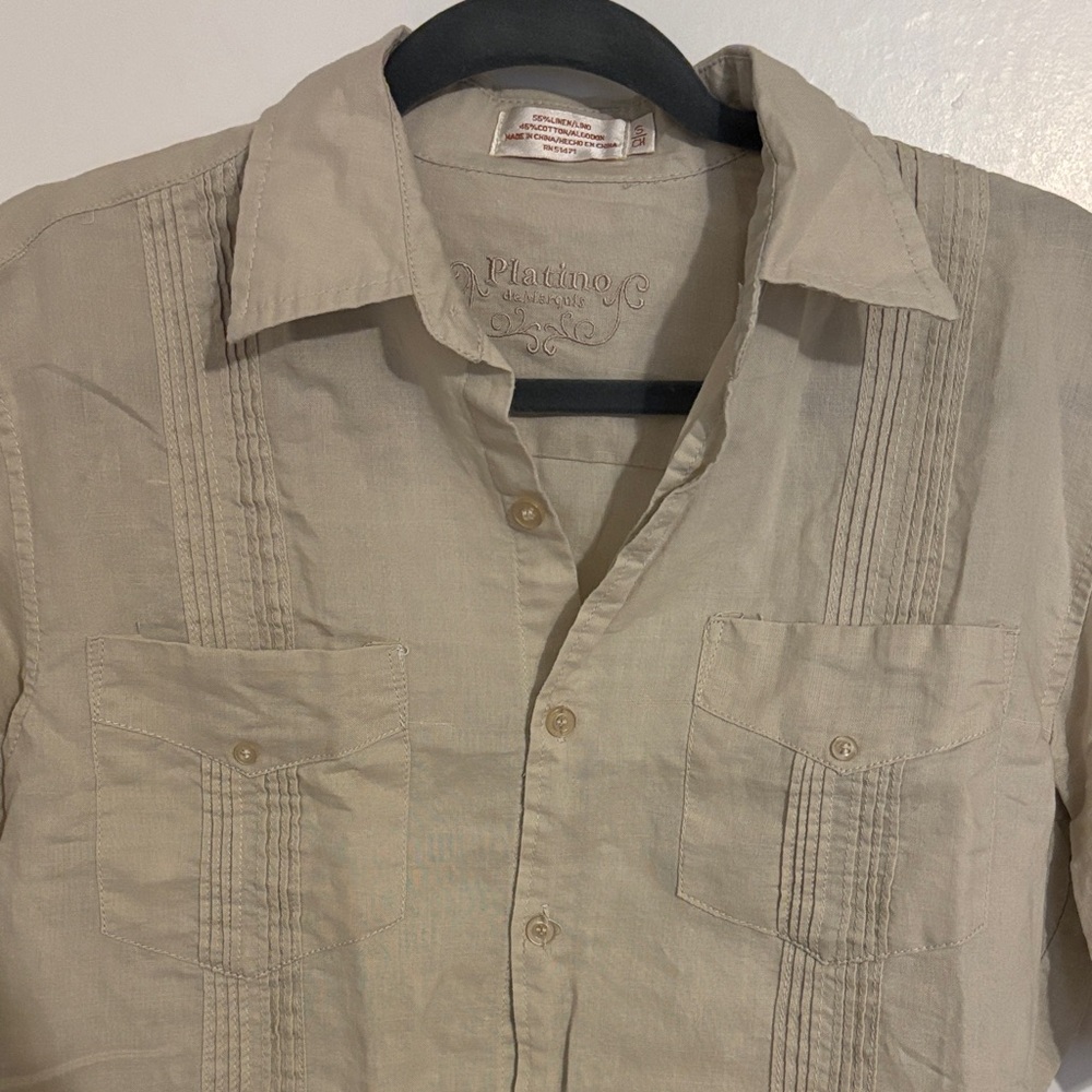 Men's Beige Short Sleeve Button Down Shirt - Picture 3 of 5